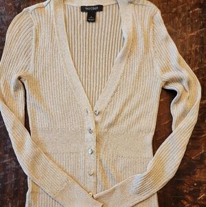 WHITE HOUSE BLACK MARKET Metallic Sheer Cardigan Sweater Gold S Bling buttons